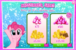 Size: 1036x677 | Tagged: safe, derpibooru import, pinkie pie, advertisement, costs real money, gameloft, gem, greedloft, midsummer, official, sale