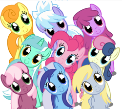 Size: 448x400 | Tagged: safe, artist:moonwhisperderpy, derpibooru import, berry punch, berryshine, bon bon, carrot top, cheerilee, cloudchaser, derpy hooves, golden harvest, lyra heartstrings, minuette, pinkie pie, sweetie drops, earth pony, pegasus, pony, unicorn, creepy, double rainboom puppet, female, looking at you, mare, simple background, smiling, white background