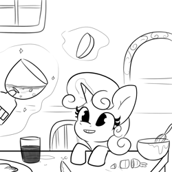 Size: 2250x2250 | Tagged: safe, artist:tjpones, derpibooru import, sweetie belle, pony, unicorn, black and white, blender (object), bowl, carrot, female, filly, foal, food, glass, grayscale, grin, high res, levitation, lineart, magic, mixing bowl, monochrome, smiling, solo, telekinesis, this will end in tears and/or breakfast