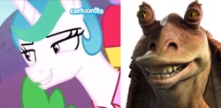 Size: 1576x767 | Tagged: safe, derpibooru import, edit, edited screencap, screencap, princess celestia, alicorn, pony, between dark and dawn, season 9, spoiler:s09, backpack, bedroom eyes, comparison, eyelashes, faic, female, grin, gungan, jar jar binks, male, mare, meme, reference, similarities, smiling, star wars, star wars: the phantom menace, teeth