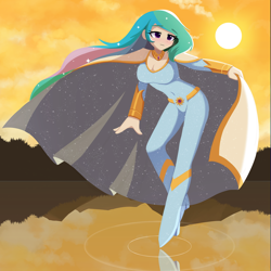 Size: 1280x1280 | Tagged: safe, artist:howxu, derpibooru import, princess celestia, human, breasts, cape, cleavage, clothes, commission, costume, cutie mark on clothes, humanized, jumpsuit, peytral, solo, sun