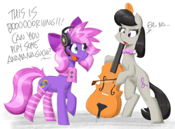 Size: 5400x4000 | Tagged: safe, artist:flutterthrash, derpibooru import, octavia melody, oc, oc:lillybit, earth pony, pony, adorkable, bipedal, bow, bowtie, cello, clothes, cute, dialogue, dork, duo, excited, gaming headset, headphones, headset, microphone, musical instrument, ribbon, scarf, smiling, socks, striped socks