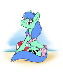 Size: 3218x3896 | Tagged: safe, artist:naivintage, derpibooru import, oc, oc only, oc:spearmint, earth pony, pony, beach, beach ball, bikini, blushing, clothes, crossdressing, frilled swimsuit, looking back, male, polka dot swimsuit, sitting, solo, stallion, swimsuit