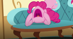 Size: 750x408 | Tagged: safe, derpibooru import, screencap, pinkie pie, party pooped, hooves on face, nose in the air, open mouth, screaming, sofa, volumetric mouth