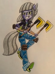 Size: 2146x2910 | Tagged: safe, artist:bozzerkazooers, derpibooru import, limestone pie, equestria girls, axe, feminism, ono (weapon), solo, traditional art, weapon