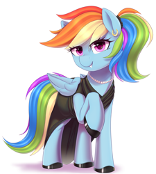 Size: 3600x4000 | Tagged: safe, artist:thebatfang, derpibooru import, rainbow dash, pegasus, pony, alternate hairstyle, black dress, clothes, dress, ear piercing, earring, female, jewelry, looking at you, mare, necklace, pearl necklace, piercing, ponytail, rainbow dash always dresses in style, shoes, simple background, smiling, smiling at you, solo, white background