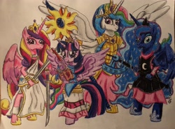 Size: 3708x2739 | Tagged: safe, artist:bozzerkazooers, derpibooru import, princess cadance, princess celestia, princess luna, twilight sparkle, twilight sparkle (alicorn), alicorn, book, sword, traditional art, weapon