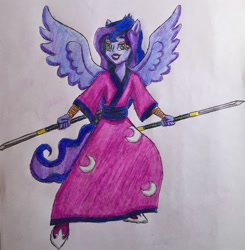 Size: 2224x2270 | Tagged: safe, artist:bozzerkazooers, derpibooru import, princess luna, vice principal luna, equestria girls, ninja, solo, sword, traditional art, weapon