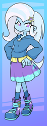 Size: 740x2000 | Tagged: safe, artist:batipin, derpibooru import, trixie, human, equestria girls, abstract background, boots, clothes, cute, diatrixes, eyelashes, female, hairpin, hoodie, looking at you, shoes, skirt, solo