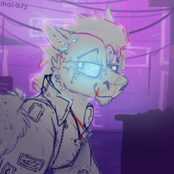 Size: 2300x2300 | Tagged: safe, artist:molars, derpibooru import, oc, oc only, pegasus, pony, amputee, augmented, city, clothes, cyberpunk, jacket, neon, patch, prosthetic eye, prosthetics, sketch, solo, wip