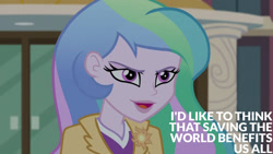 Size: 1280x720 | Tagged: safe, derpibooru import, edit, edited screencap, editor:quoterific, screencap, princess celestia, principal celestia, equestria girls, friendship games, canterlot high, female, open mouth, open smile, smiling, solo, text