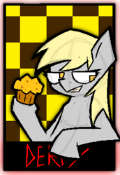 Size: 774x1125 | Tagged: safe, artist:xxv4mp_g4z3rxx, derpibooru import, edit, derpy hooves, pegasus, pony, blonde, blonde mane, checkered background, female, food, golden eyes, gray coat, mare, muffin, solo, solo female, text