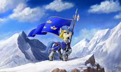 Size: 4400x2598 | Tagged: safe, artist:magfen, derpibooru import, oc, oc only, pony, unicorn, armor, caparison, cloud, flag, halberd, mountain, mountain range, plate armor, scenery, sky, snow, solo, weapon