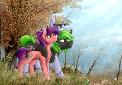 Size: 3378x2362 | Tagged: safe, artist:vendigo, derpibooru import, oc, oc only, earth pony, pony, unicorn, chest fluff, confident, earth pony oc, horn, house, scenery, smiling, tree, trio, unicorn oc