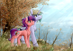 Size: 3378x2362 | Tagged: safe, artist:vendigo, derpibooru import, oc, oc only, earth pony, pony, unicorn, chest fluff, confident, earth pony oc, horn, house, scenery, smiling, tree, unicorn oc