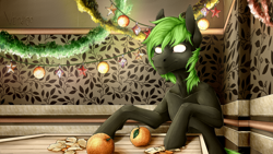 Size: 4000x2250 | Tagged: safe, artist:vendigo, derpibooru import, oc, oc only, pony, christmas, christmas lights, food, fruit, garland, holiday, no pupils, orange, solo