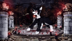 Size: 4000x2250 | Tagged: safe, artist:vendigo, derpibooru import, oc, oc only, pony, unicorn, blood, book, candle, dark magic, lightning, magic, pentagram, runes, skull, solo