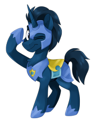 Size: 2324x2961 | Tagged: safe, artist:luximus17, derpibooru import, oc, oc only, oc:slashing prices, pony, unicorn, armor, armor skirt, badge, chest fluff, chestplate, commission, ear fluff, ears, eyebrows, helmet, high res, hoof shoes, horn, male, one eye closed, raised hoof, raised leg, royal guard, royal guard armor, salute, simple background, skirt, smiling, solo, stallion, tack, transparent background, unicorn oc, wink