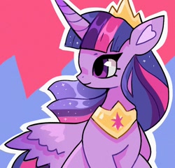 Size: 748x720 | Tagged: safe, artist:10uhh, derpibooru import, princess twilight 2.0, twilight sparkle, twilight sparkle (alicorn), alicorn, pony, the last problem, blue background, female, heart ears, horn, jewelry, mare, older, older twilight, red background, regalia, simple background, solo, wings