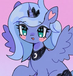 Size: 758x789 | Tagged: safe, artist:10uhh, derpibooru import, princess luna, alicorn, pony, female, heart ears, horn, looking at you, no pupils, pink background, s1 luna, simple background, solo, spread wings, wings