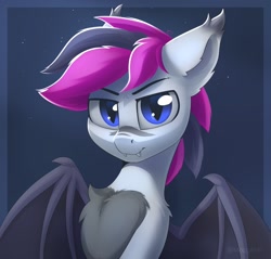 Size: 1468x1402 | Tagged: safe, artist:anti1mozg, derpibooru import, oc, oc only, oc:lance, bat pony, pony, bust, chest fluff, fangs, looking at you, male, pale belly, simple background, solo