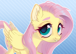 Size: 1000x707 | Tagged: safe, artist:eiirine, derpibooru import, fluttershy, pegasus, pony, aside glance, cheek fluff, ear fluff, ears, female, folded wings, looking at you, mare, raised hoof, raised leg, smiling, smiling at you, solo, stray strand, striped background, three quarter view, wings