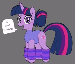 Size: 2292x1951 | Tagged: safe, artist:_ton618_, derpibooru import, twilight sparkle, unicorn twilight, pony, unicorn, alternate hairstyle, clothes, female, gray background, hair bun, leg warmers, leotard, looking at you, mare, simple background, speech bubble, sweat, talking, talking to viewer, weight loss, workout