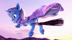 Size: 3840x2160 | Tagged: safe, artist:psfmer, derpibooru import, trixie, pony, unicorn, 3d, broom, butt, cape, clothes, cute, cutie mark, diatrixes, eyelashes, female, flying, flying broomstick, horn, mare, plot, sad, skyline, solo, source filmmaker, the great and powerful ass, trixie's cape, unshorn fetlocks