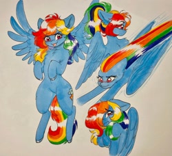 Size: 2048x1870 | Tagged: safe, artist:cherubisous, derpibooru import, rainbow dash, pegasus, pony, alternate hairstyle, blushing, chest fluff, crying, flying, looking at you, marker drawing, ponytail, solo, spread wings, tongue, tongue out, traditional art, wings