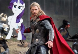 Size: 1290x901 | Tagged: safe, derpibooru import, edit, edited screencap, screencap, rarity, human, pony, unicorn, fake it 'til you make it, armor, bipedal, cape, cute, feminism, hooves on hips, marvel, raribetes, rarisass, solo, the avengers, thor, vector