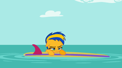 Size: 1280x720 | Tagged: safe, artist:mlpfan3991, derpibooru import, oc, oc:flare spark, pony, the point of no return, background, cloud, female, ocean, sky, solo, summer, surfboard, unamused, water, wipeout