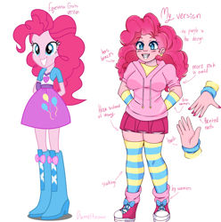 Size: 3239x3265 | Tagged: safe, artist:diameltzowo, derpibooru import, pinkie pie, equestria girls, arm warmers, boots, bow, braces, clothes, converse, ear piercing, earring, heart, high heel boots, hoodie, jewelry, leg warmers, painted nails, piercing, redesign, shoes, simple background, skirt, sneakers, socks, stockings, striped socks, thick, thigh highs, white background, zettai ryouiki