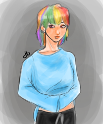 Size: 1000x1200 | Tagged: safe, artist:enmax33, derpibooru import, rainbow dash, human, alternate hairstyle, clothes, ear piercing, earring, female, humanized, jewelry, lip piercing, pants, piercing, shirt, solo, sweatpants