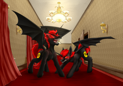 Size: 6000x4195 | Tagged: safe, artist:vendigo, derpibooru import, oc, oc only, alicorn, bat pony, bat pony alicorn, pony, absurd file size, absurd resolution, bat wings, carpet, chandelier, corridor, curtains, duo, eye mist, hallway, horn, red and black oc, red carpet, sharp teeth, teeth, wings