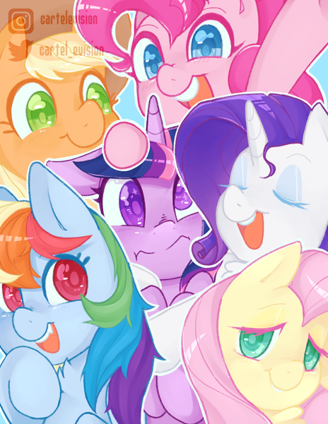 Size: 2550x3300 | Tagged: safe, artist:cartel_evision, artist:cartelevision, derpibooru import, applejack, fluttershy, pinkie pie, rainbow dash, rarity, twilight sparkle, unicorn twilight, earth pony, pegasus, pony, unicorn, chest fluff, colored pupils, cute, derp, eyes closed, featured image, female, looking at you, mane six, mare, open mouth, open smile, outline, smiling, smiling at you, wavy mouth, white outline