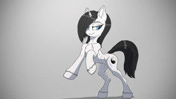 Size: 2133x1200 | Tagged: safe, artist:kpvt, derpibooru import, oc, oc:clio blackmane, pony, unicorn, bipedal, chest fluff, female, hooves, horn, rearing, simple background, solo, tail