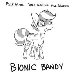 Size: 2250x2250 | Tagged: safe, artist:tjpones, derpibooru import, oc, oc only, oc:bandy cyoot, hybrid, pony, raccoon, raccoon pony, robot, robot pony, black and white, female, grayscale, mare, monochrome, simple background, smiling, solo, text, white background