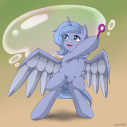 Size: 2048x2048 | Tagged: safe, artist:nanazdina, derpibooru import, princess luna, alicorn, pony, bipedal, bubble, bubble wand, commission, cute, daaaaaaaaaaaw, female, filly, foal, happy, ibispaint x, lunabetes, open mouth, open smile, smiling, solo, woona, ych example, ych result, younger, your character here