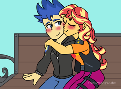 Size: 950x700 | Tagged: safe, artist:theanimatingfanatic, derpibooru import, flash sentry, sunset shimmer, equestria girls, blushing, female, flashimmer, kiss on the cheek, kissing, male, shipping, straight