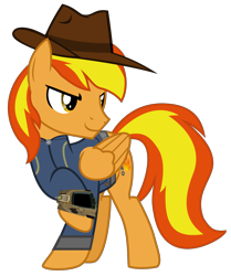 Size: 7231x8649 | Tagged: safe, artist:ponygamer2020, derpibooru import, oc, oc only, oc:firey ratchet, pegasus, pony, fallout equestria, absurd resolution, clothes, cutie mark, fallout, hat, jumpsuit, male, pipboy, ponytail, simple background, smiling, solo, stallion, tail, transparent background, vault suit, vector, wings