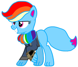 Size: 1210x1045 | Tagged: safe, artist:ponygamer2020, derpibooru import, oc, oc only, oc:rainbow eevee, fallout equestria, absurd resolution, blue body, bracelet, chest fluff, clothes, cute, daaaaaaaaaaaw, eevee, eevee pony, fallout, female, horn, jewelry, jumpsuit, looking down, multicolored hair, pink eyes, pipboy, pokémon, rainbow, rainbow hair, simple background, smiling, solo, tail, transparent background, vault suit, vector