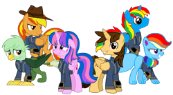 Size: 5459x3008 | Tagged: safe, artist:ponygamer2020, derpibooru import, oc, oc only, oc:ej, oc:firey ratchet, oc:gregory griffin, oc:hsu amity, oc:rainbow eevee, oc:shield wing, alicorn, griffon, pegasus, pony, fallout equestria, all bottled up, :t, absurd resolution, alicorn oc, amityverse, blue body, bracelet, chest fluff, clothes, cute, cutie mark, daaaaaaaaaaaw, ears, eevee, eevee pony, fallout, female, floppy ears, folded wings, full body, glasses, griffon oc, group, happy, hat, horn, jewelry, jumpsuit, looking at you, looking down, male, mare, multicolored hair, multicolored mane, multicolored tail, not twilight sparkle, pink eyes, pipboy, pokémon, ponytail, purple eyes, rainbow, rainbow hair, show accurate, simple background, smiling, smiling at you, solo, stallion, standing, tail, transparent background, vault suit, vector, wings