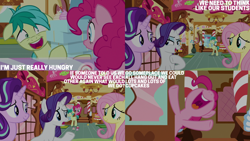 Size: 1280x720 | Tagged: safe, derpibooru import, edit, edited screencap, editor:quoterific, screencap, fluttershy, pinkie pie, rarity, sandbar, starlight glimmer, earth pony, pegasus, pony, unicorn, school daze, season 8, spoiler:s08, bipedal, cupcake, ears, female, floppy ears, food, male, mare, nose in the air, open mouth, open smile, shrunken pupils, smiling, stallion, sugarcube corner, text, volumetric mouth