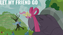 Size: 1280x720 | Tagged: safe, derpibooru import, edit, edited screencap, editor:quoterific, screencap, fluttershy, pegasus, pony, tortoise, between dark and dawn, season 9, duo, eyes closed, female, flying, giant tortoise, male, mare, open mouth, spread wings, text, wings, yelling