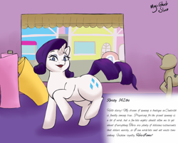 Size: 3593x2894 | Tagged: safe, artist:magicghostslime, derpibooru import, rarity, pony, unicorn, series:rarity journey to opulence, boutique, canterlot, diary, female, high res, indoors, open mouth, solo, this will end in weight gain, weight gain sequence