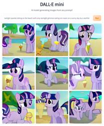 Size: 768x924 | Tagged: safe, artist:dall·e mini, artist:thegamerpainter, derpibooru import, machine learning generated, starlight glimmer, twilight sparkle, unicorn twilight, pony, unicorn, beach, dall·e mini, food, ice cream, machine learning abomination, not salmon, solo, text, wat, what has science done