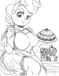 Size: 1500x1935 | Tagged: safe, artist:boastudio, derpibooru import, cup cake, pound cake, pumpkin cake, anthro, pegasus, unicorn, breasts, cake, cups cake, food, fork, knife, monochrome, open mouth