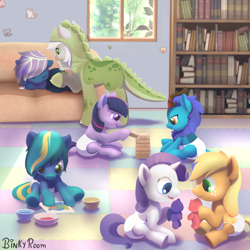 Size: 1280x1280 | Tagged: safe, artist:binkyroom, derpibooru import, applejack, rarity, twilight sparkle, unicorn twilight, oc, oc:fossil fluster, earth pony, kirin, pegasus, pony, unicorn, animal costume, baby applejack, baby rarity, baby twilight, bookshelf, caretaker, clothes, costume, diaper, dinosaur costume, foal, group, kigurumi, kirin oc, nursery, playing, sleeping, toy