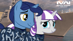 Size: 1280x720 | Tagged: safe, artist:edy_january, derpibooru import, edit, edited screencap, screencap, night light, twilight velvet, unicorn, magical mystery cure, clothes, cruise ship, deck, female, husband and wife, love, love in navy, male, married couple, military, military pony, military uniform, modern warship, navy, nightvelvet, ponies in navy, shipping, straight, uniform, us navy, warship