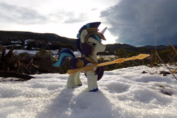 Size: 4608x3072 | Tagged: safe, artist:dingopatagonico, derpibooru import, shining armor, pony, armor, guardians of harmony, irl, photo, snow, solo, spear, toy, weapon